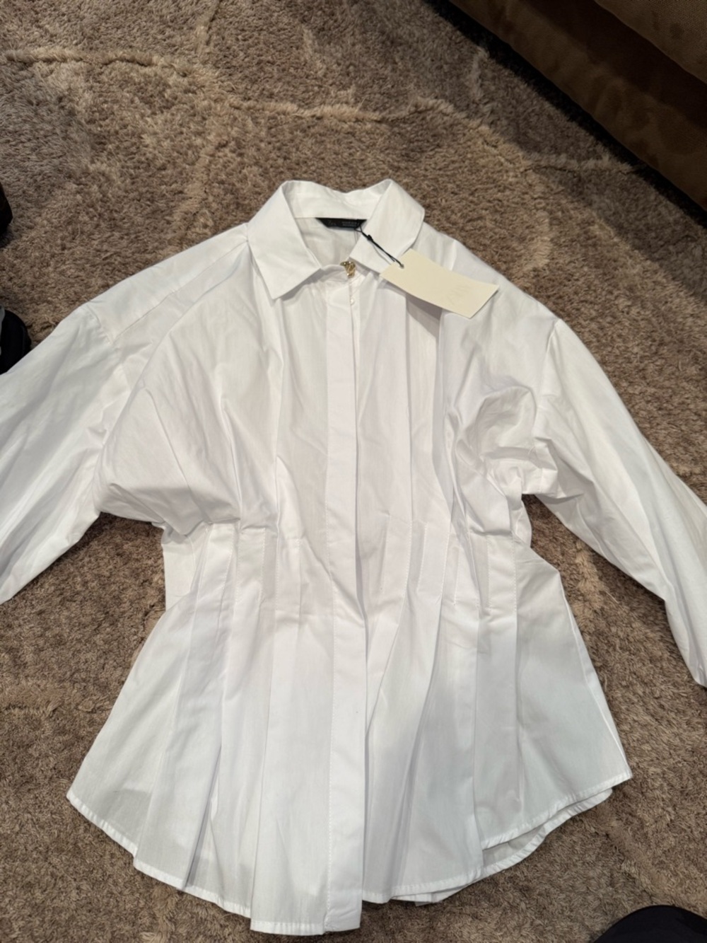 Zara White Pleated Front Button-Down Shirt